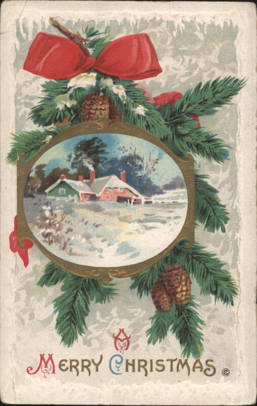 Merry Christmas Winter Scene with Red Bows, Pinecones, and Snow-Covered Houses