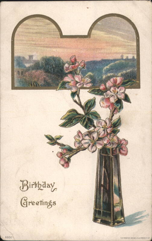 Birthday Greetings with Apple Blossoms & Sunset Landscape