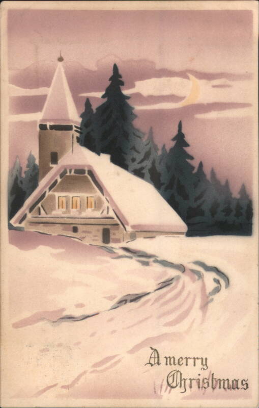 Snowy Christmas Scene with House, Tower, Pine Trees & Crescent Moon