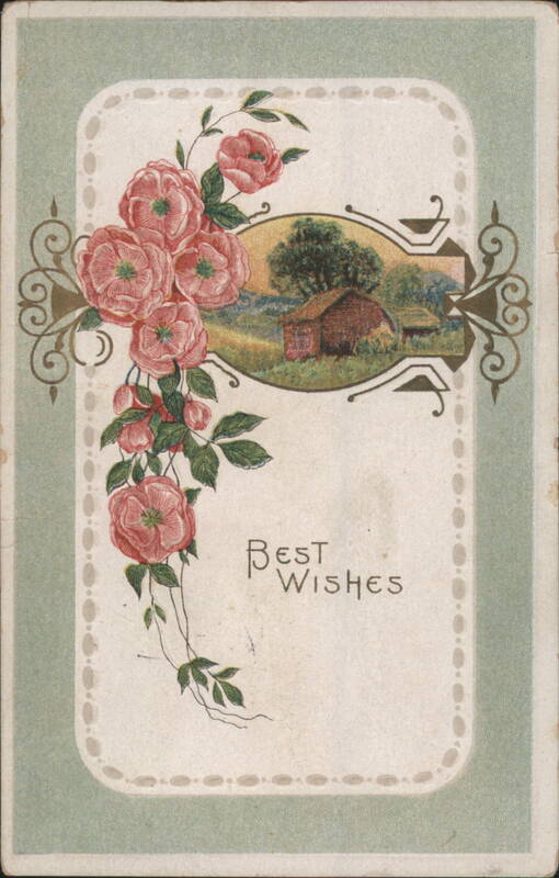 Pink Roses and Rustic Cabin with Best Wishes Greeting
