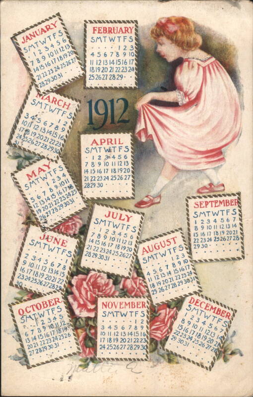 Girl with 1912 Calendar and Roses Calendars