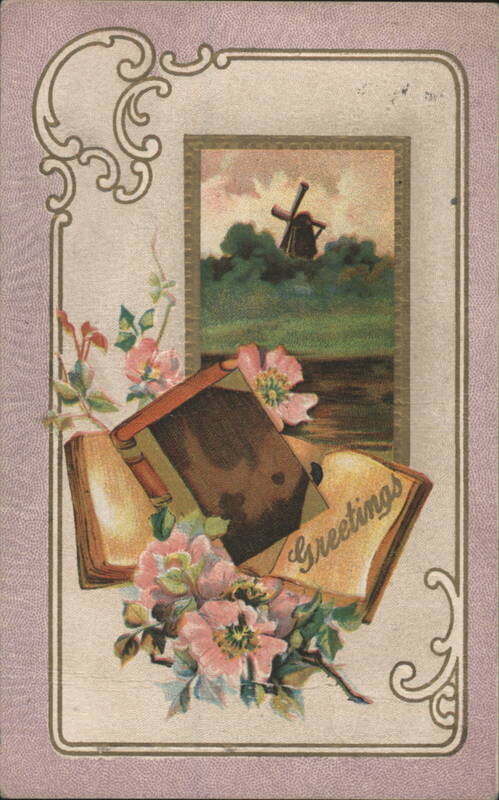 Greetings Card with Open Books, Pink Flowers, and Dutch Windmill Landscape