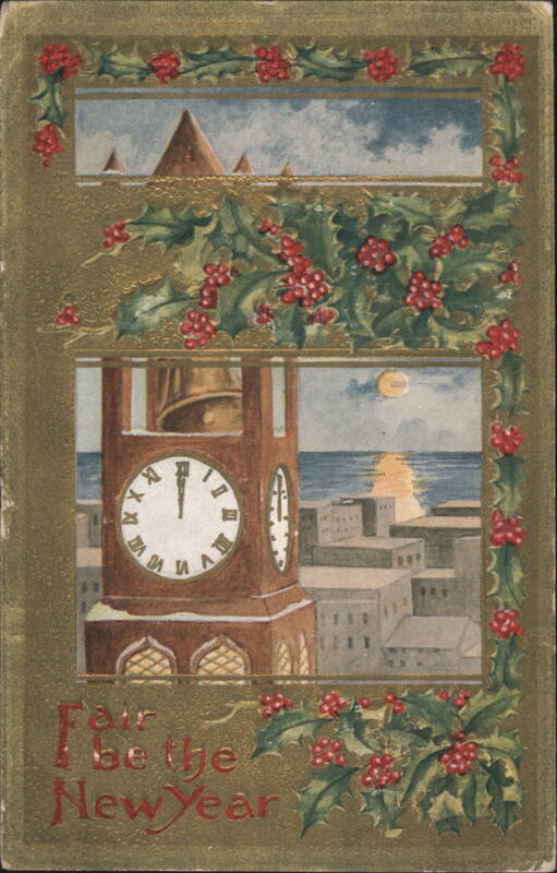New Year's Clock Tower & Cityscape with Holly & Berries
