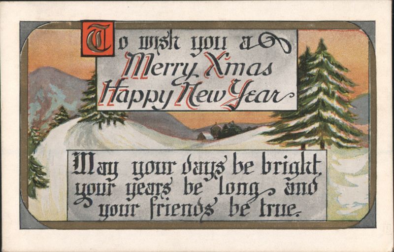 Merry Xmas Happy New Year Greeting with Snowy Mountain Landscape