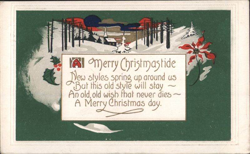 Merry Christmastide Poem Winter Scene Holly Poinsettia Christmas Greeting