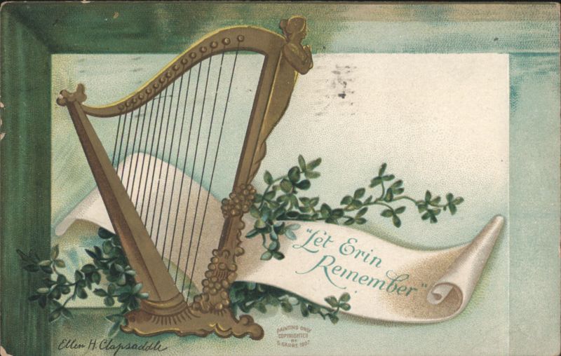 Let Erin Remember Irish Harp & Shamrocks by Ellen H. Clapsaddle, St. Patrick's Day