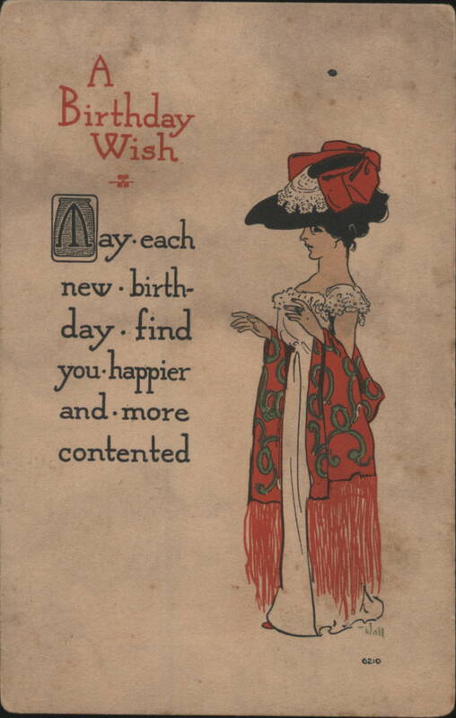 Birthday Wish with Elegant Woman in Red Shawl & Hat, Art Nouveau Style