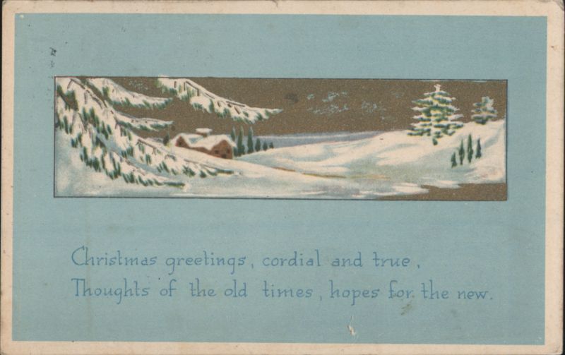 Christmas Greetings Winter Scene with Snow-Covered Trees and Cabin