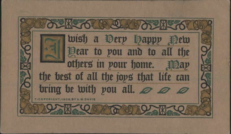 New Year's Greeting with Ornate Border and Hourglass Motifs