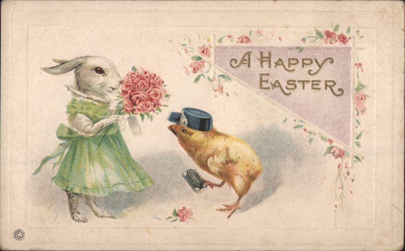 Anthropomorphic Bunny & Chick, A Happy Easter Greeting with Roses
