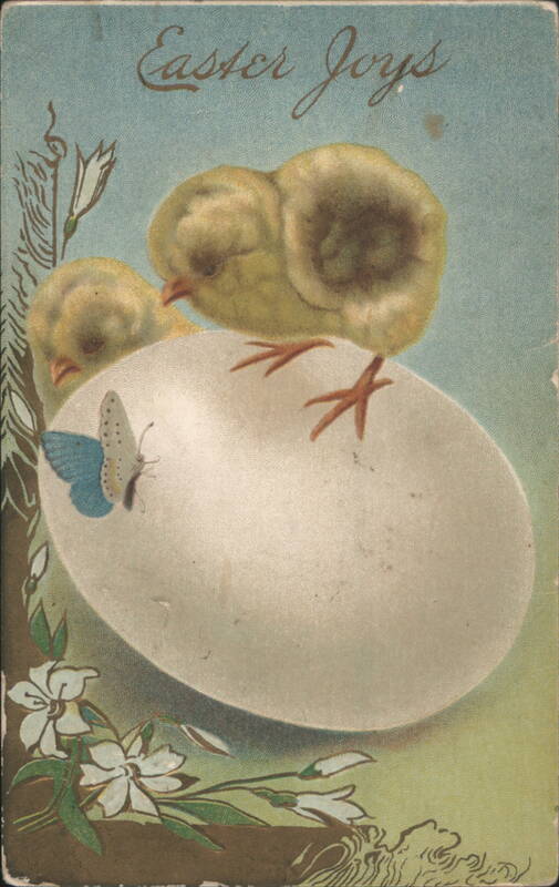 Easter Joys Chicks and Butterfly on Egg with Flowers 1916