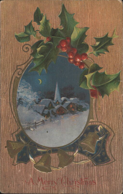 A Merry Christmas Winter Village Scene with Holly & Bells