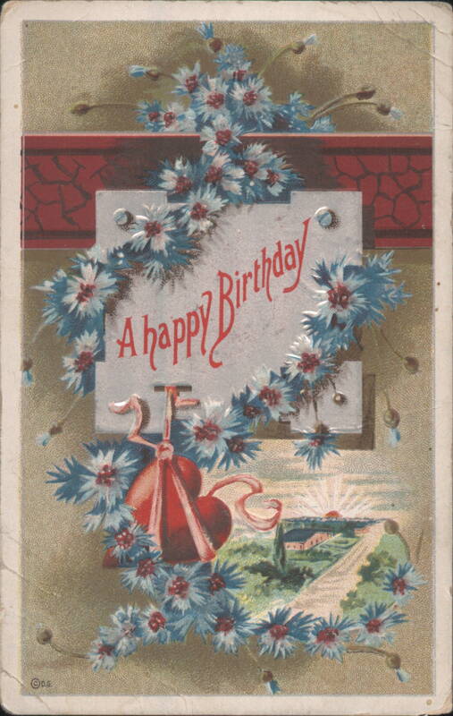 A happy Birthday Greeting with Blue and Red Flowers, Ribbon, and Landscape