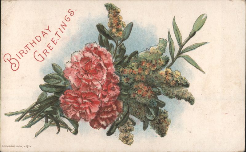 Birthday Greetings with Red Carnations and Green Flowers