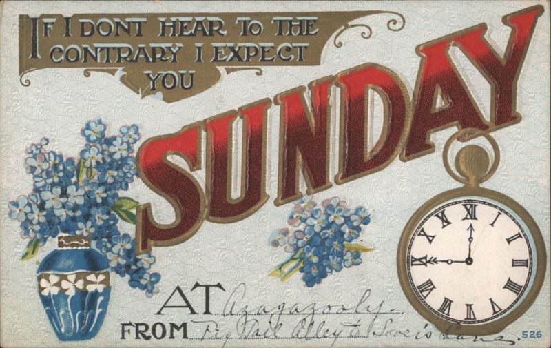 Sunday Invitation with Blue Flowers & Pocket Watch, 'If I Don't Hear to the Contrary'