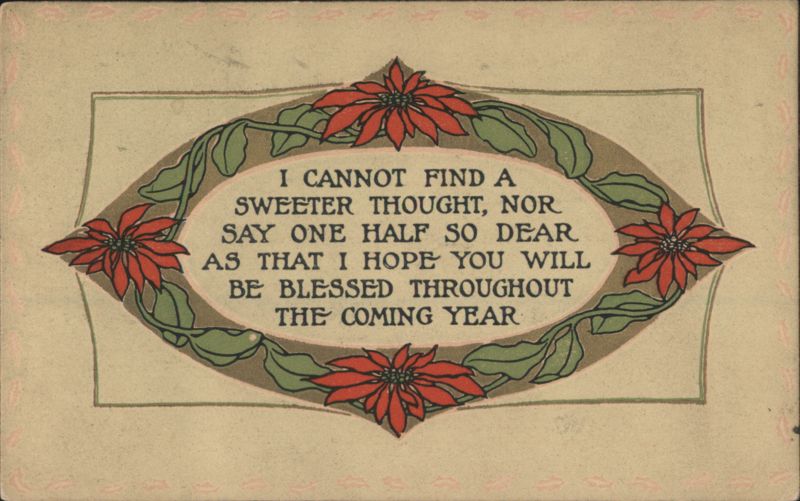 New Year's Greeting with Poinsettias and Decorative Border