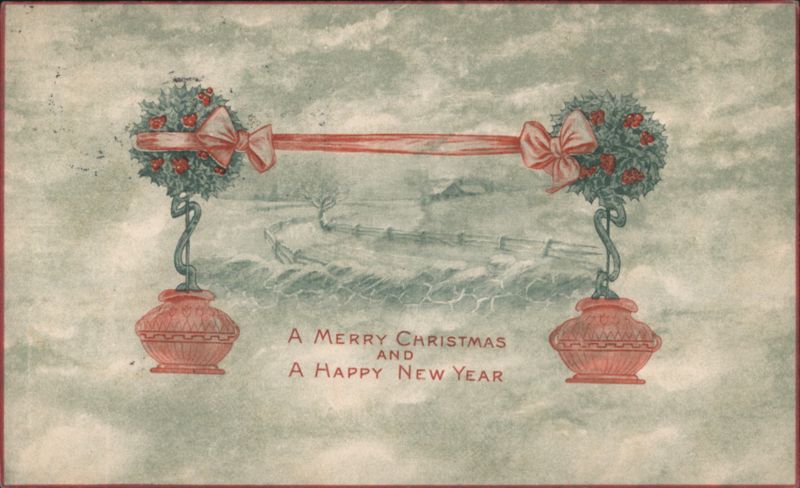 Merry Christmas & Happy New Year with Holly, Berries, and Winter Scene