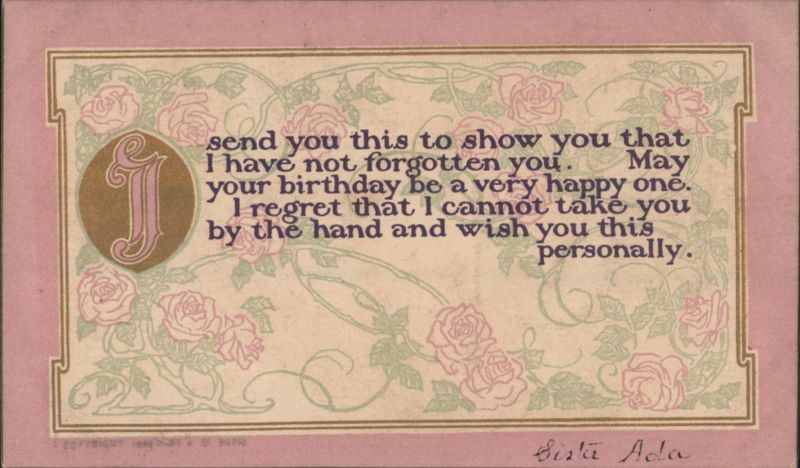 Birthday Greeting with Decorative Initial J and Pink Roses, Art Nouveau