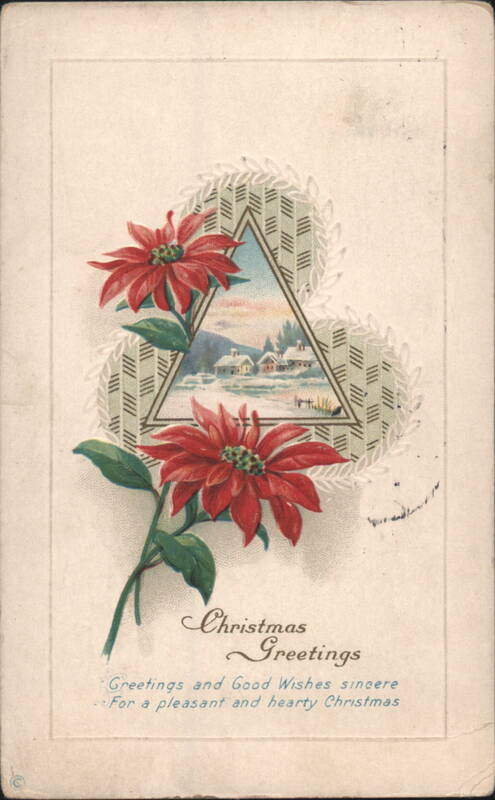 Christmas Greetings Poinsettias & Snowy Village Scene