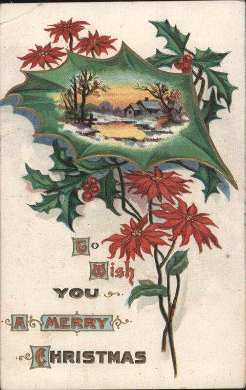 Christmas Poinsettias & Holly with Winter Landscape Scene Greeting