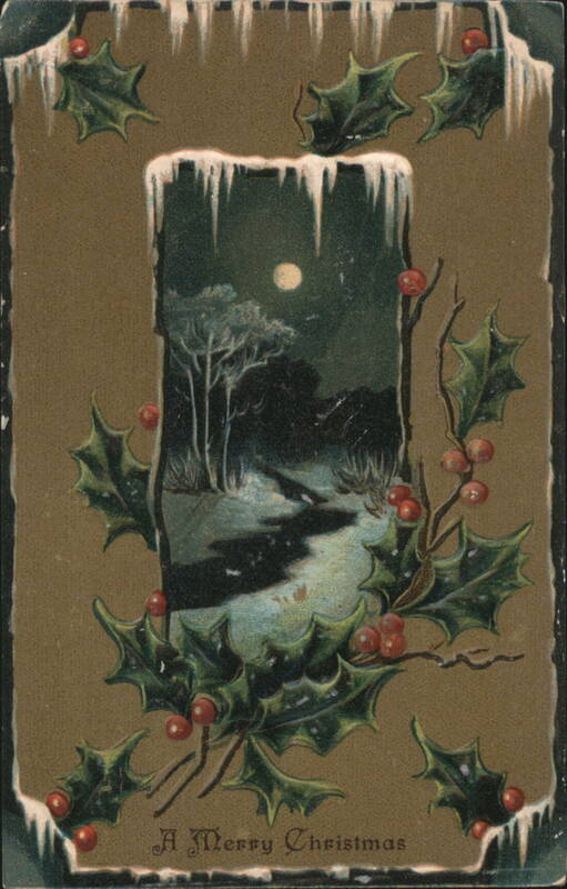 Moonlit Winter Landscape with Holly & Icicles, A Merry Christmas