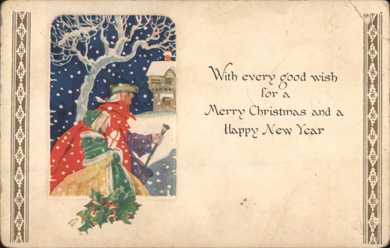Winter Scene Christmas & New Year Greeting, Snow-Covered Trees & Figures