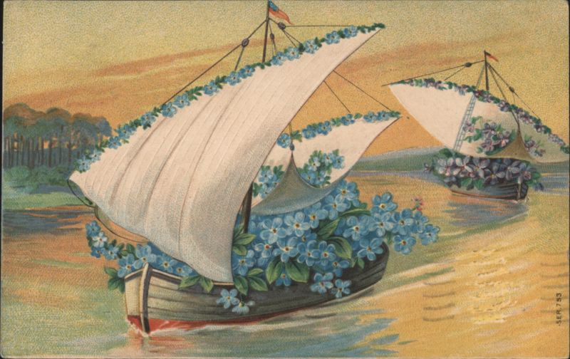 Forget-Me-Not Decorated Sailboats on Water, Printed in Germany