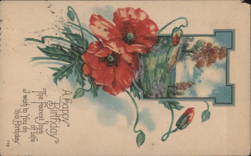 Happy Birthday Red Poppies with Scenic View Greeting