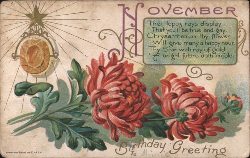 November Birthday Greeting with Chrysanthemums and Topaz Gem