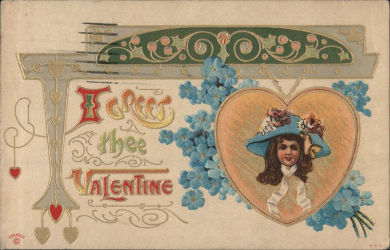 Valentine's Day Greeting with Girl in Floral Hat and Forget-Me-Nots