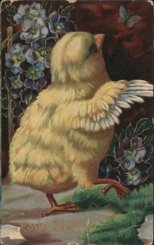 Fluffy Yellow Easter Chick with Purple Flowers and Butterfly, Easter Greetings