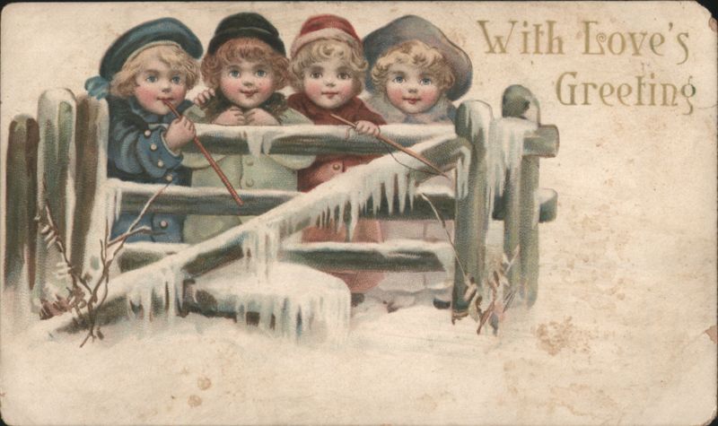 With Love's Greeting, Four Children in Snow-Covered Winter Scene