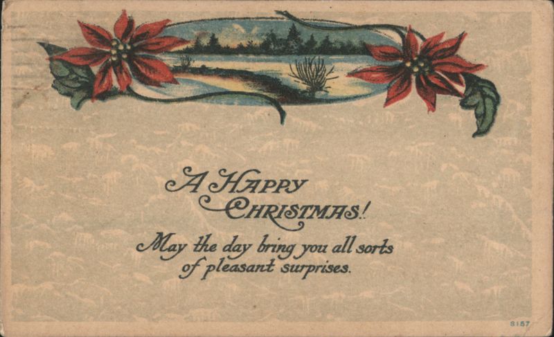 A Happy Christmas Greeting with Poinsettias and Winter Landscape, 1916
