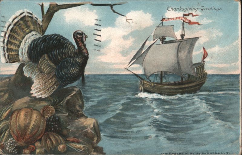 Thanksgiving Greetings with Turkey, Pilgrim Ship, and Harvest Bounty