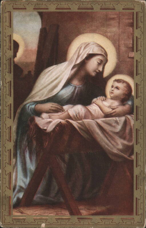 Madonna and Child in Manger with Halos, Religious Christmas Scene