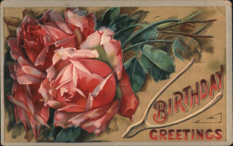 Pink Roses and Wishbone for Birthday Greetings, Embossed Design