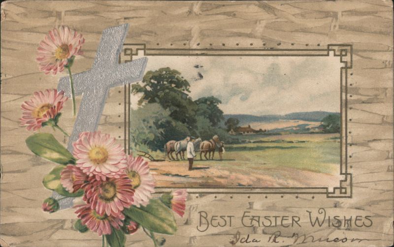 Easter Wishes with Cross, Pink & Yellow Daisies, and Rural Landscape