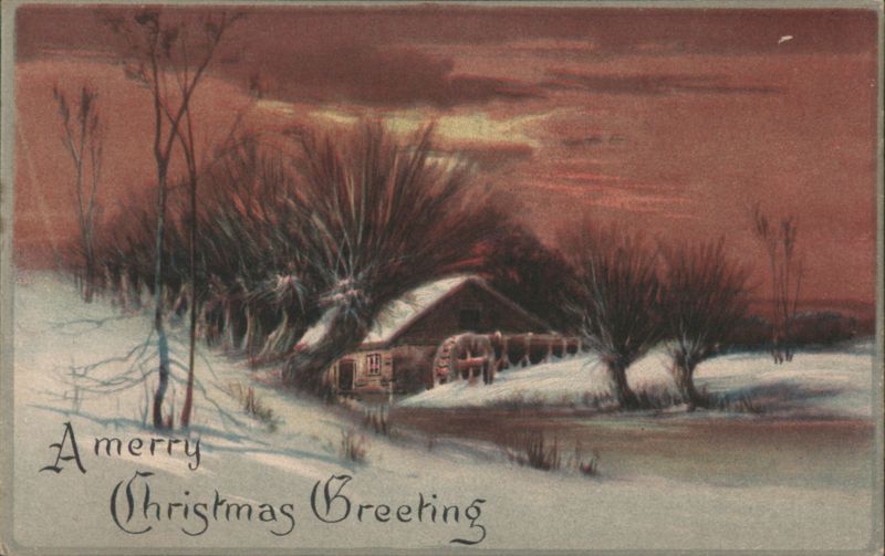 A Merry Christmas Greeting, Winter Watermill and Snowy Landscape