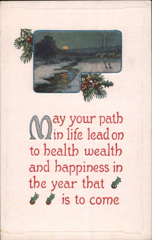New Year's Greeting with Winter Sunset Landscape and Holly Berries