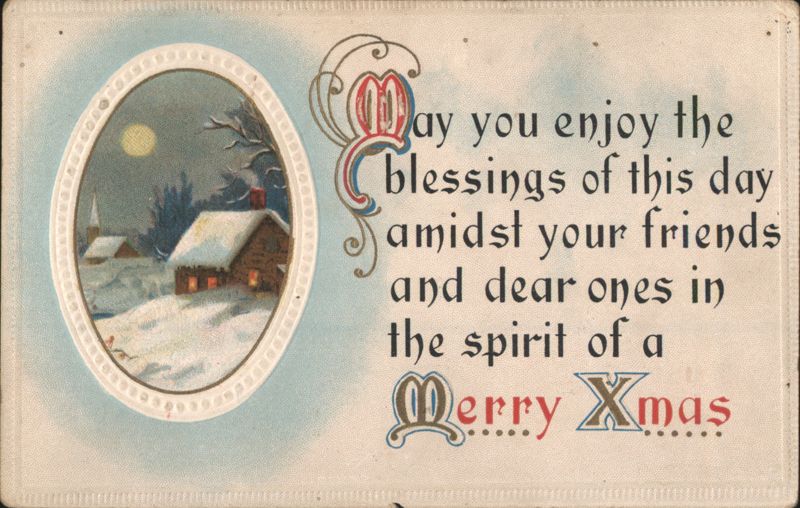 Merry Xmas Greeting with Snowy Cabin and Full Moon