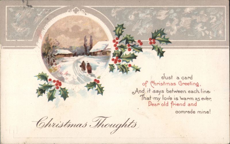 Christmas Thoughts: Snowy Village Scene with Holly and Holiday Poem