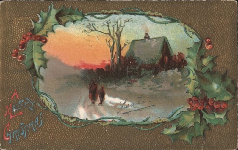 A Merry Christmas Winter Scene with House, People, and Holly Border