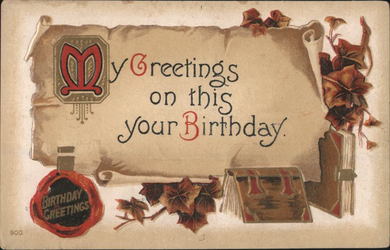 Birthday Greetings with Ornate Letter M, Autumn Leaves & Books