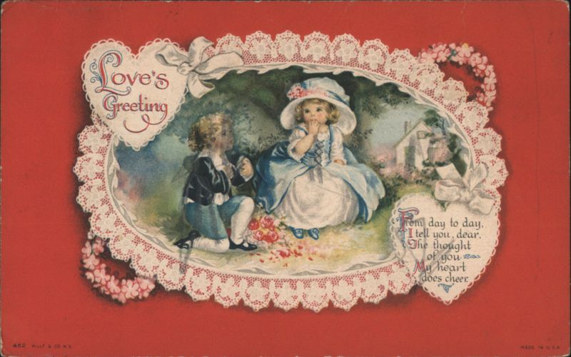 Love's Greeting: Children with Lace, Hearts, and Sentimental Poem