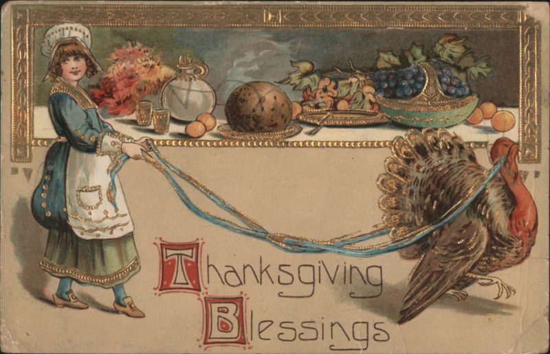 Thanksgiving Blessings Girl with Turkey and Feast Table