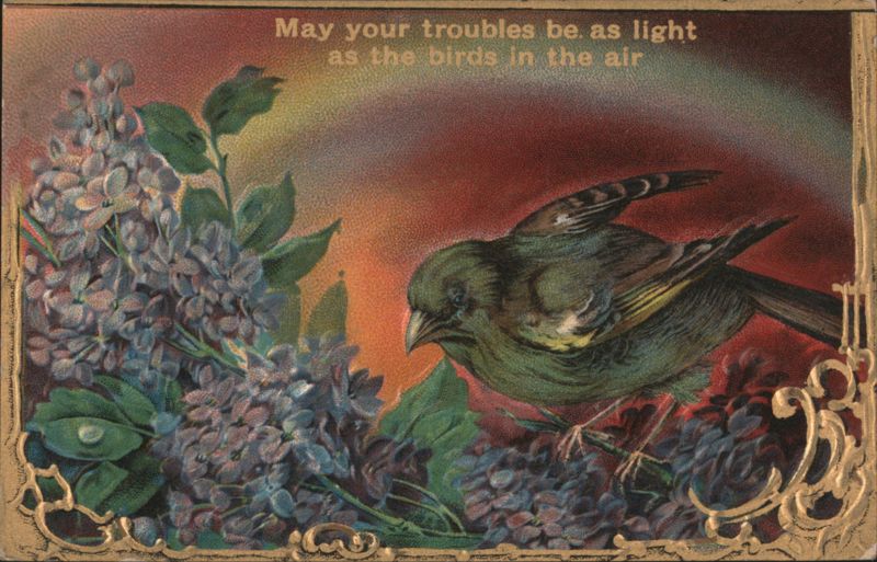 Green Bird, Lilacs & Rainbow with Inspirational Message