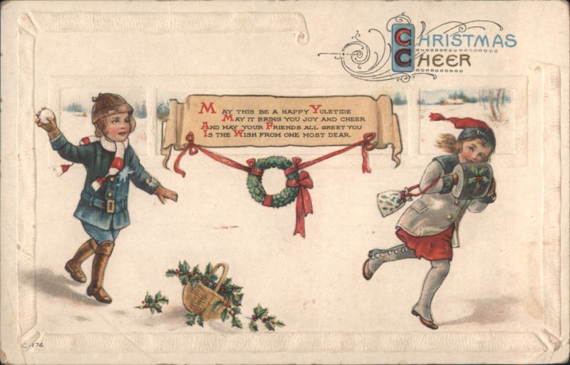 Christmas Cheer Children Snowball Fight Yuletide Greeting in Snow