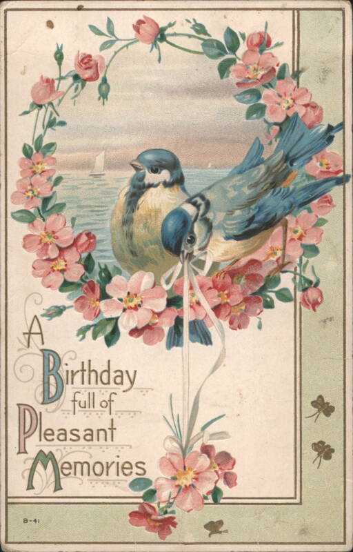 Birthday Greeting with Blue Birds and Pink Flowers, Seascape Background