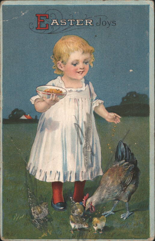 Easter Joys: Child Feeding Chickens and Chicks With Children