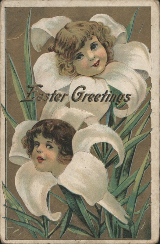 Easter Greetings with Cherubic Children in White Lilies